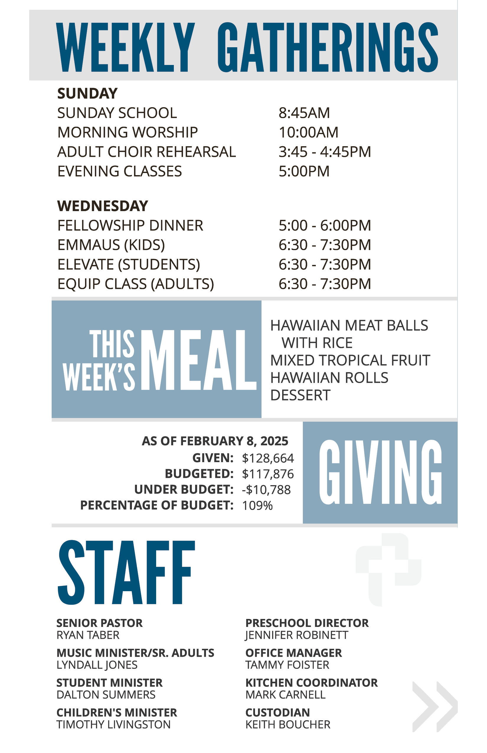 Bulletin - April 28 - Worship Times, Staff, Wednesday Meal