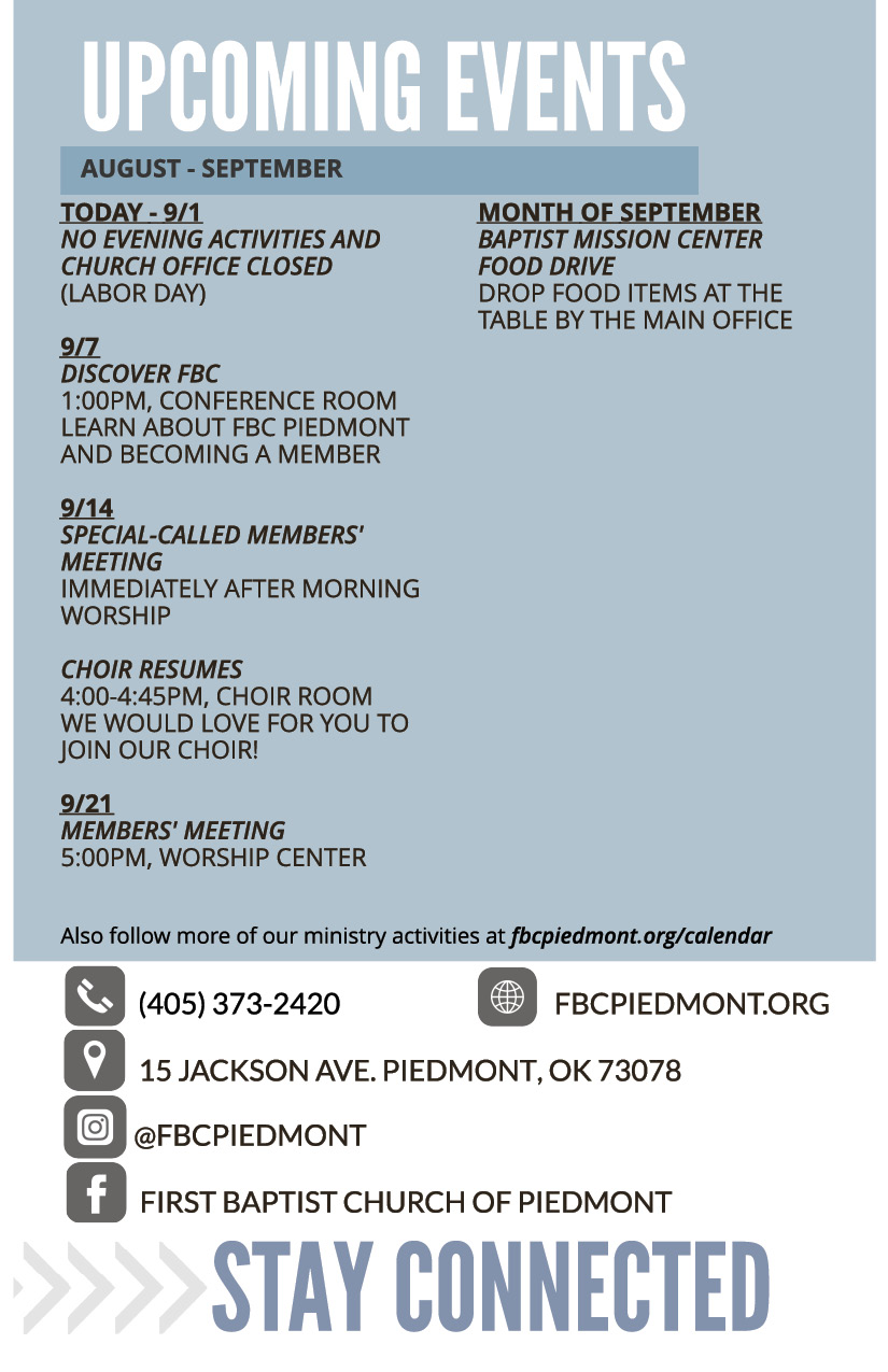 Bulletin - April 28 - Worship Times, Staff, Wednesday Meal