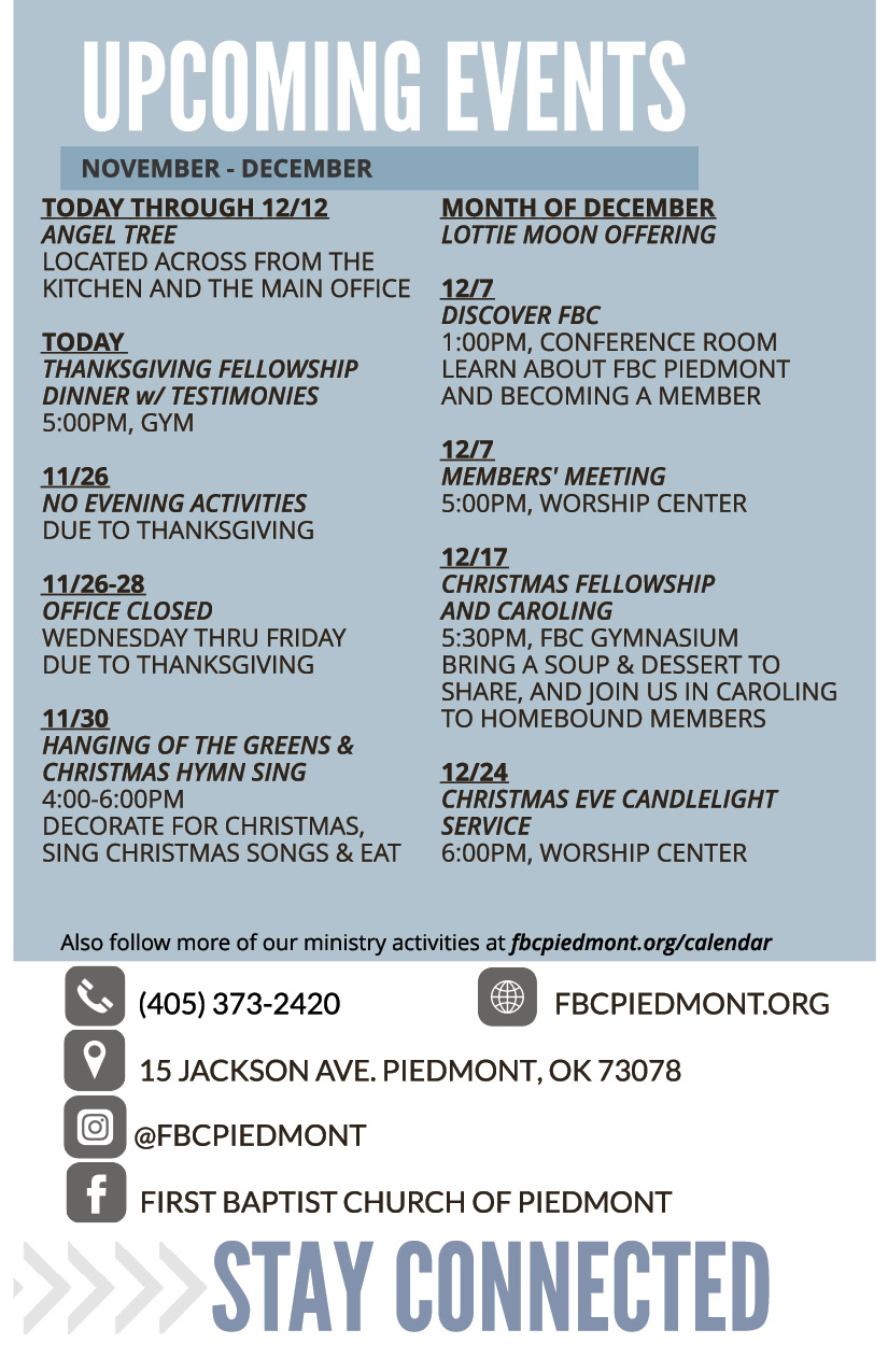 Bulletin - April 28 - Worship Times, Staff, Wednesday Meal