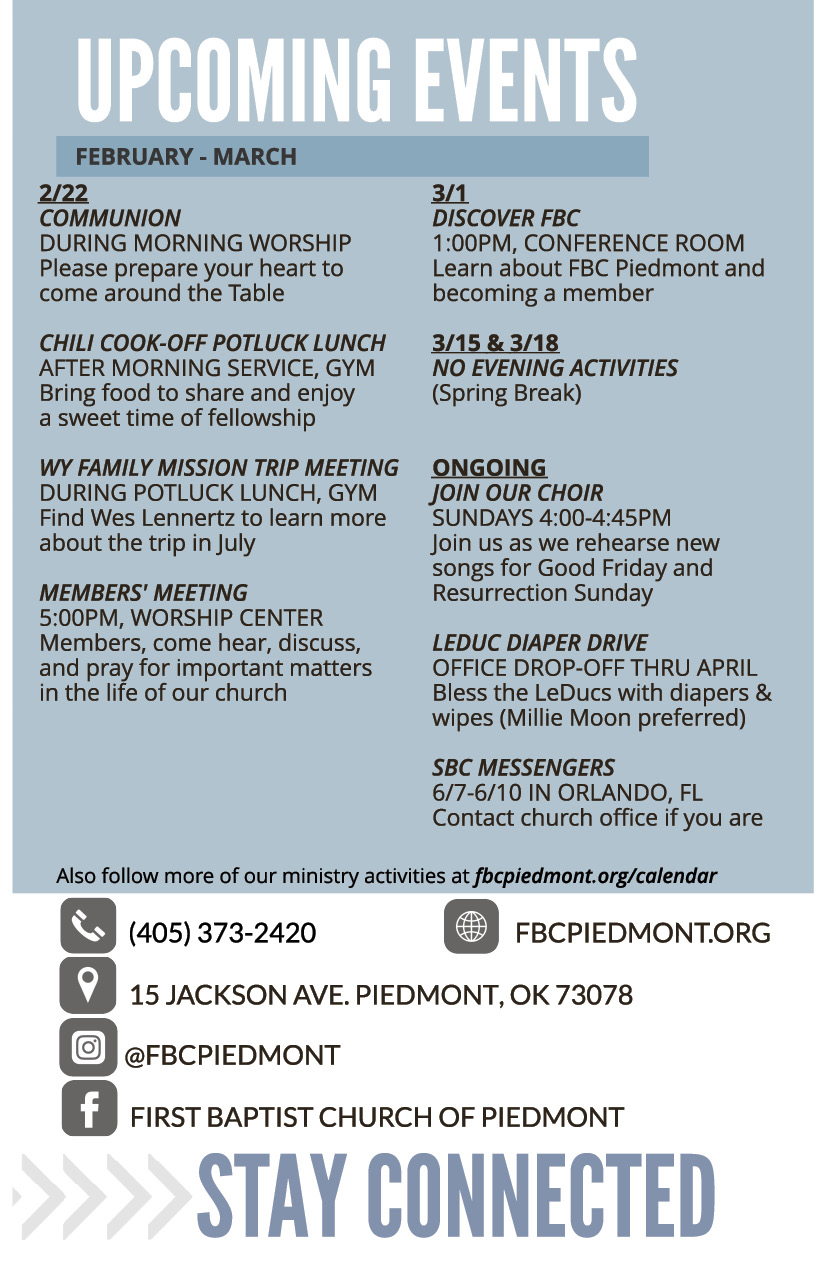 Bulletin - April 28 - Worship Times, Staff, Wednesday Meal