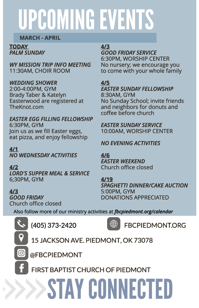 Bulletin - April 28 - Worship Times, Staff, Wednesday Meal