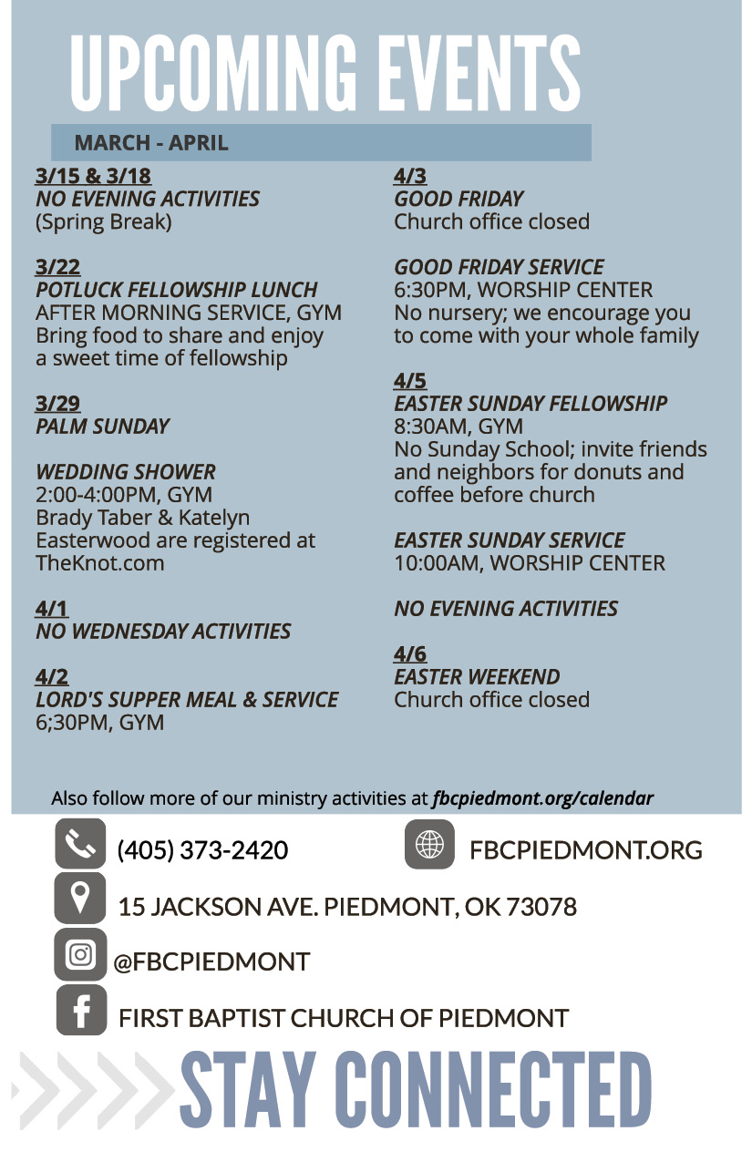 Bulletin - April 28 - Worship Times, Staff, Wednesday Meal