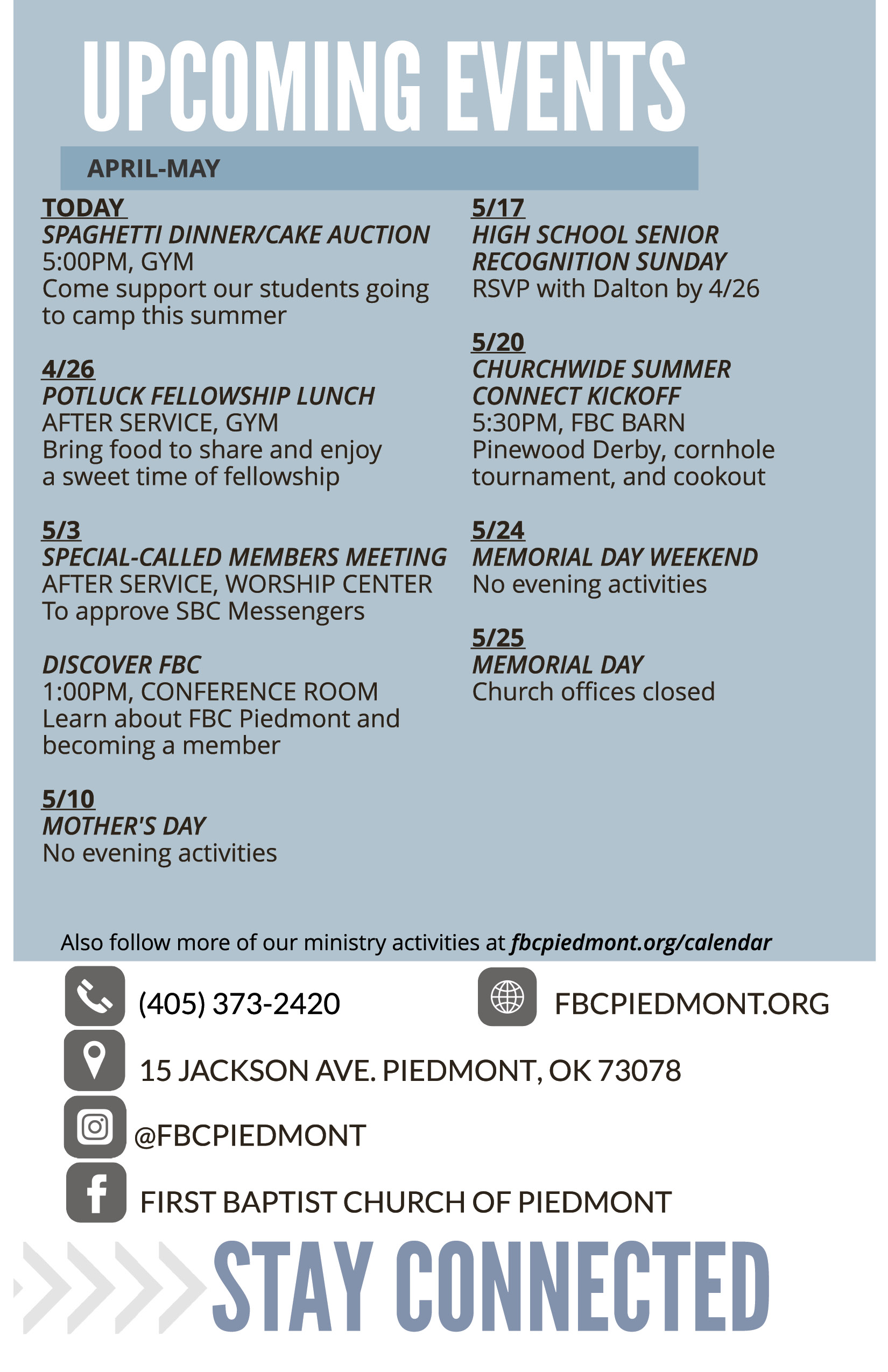 Bulletin - April 28 - Worship Times, Staff, Wednesday Meal