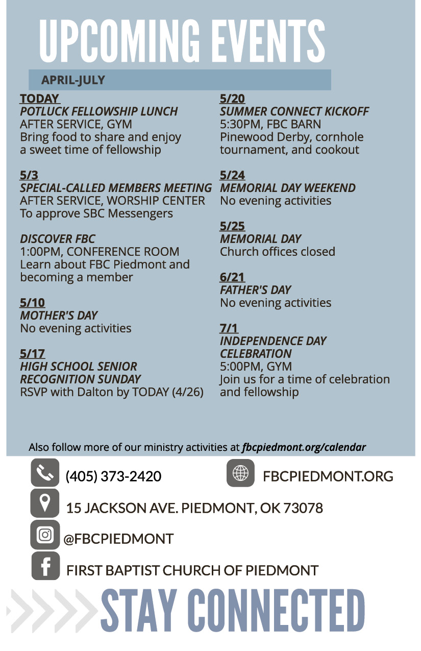 Bulletin - April 28 - Worship Times, Staff, Wednesday Meal