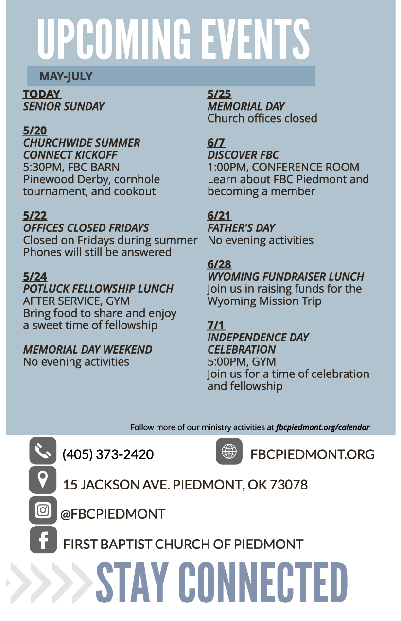 Bulletin - April 28 - Worship Times, Staff, Wednesday Meal