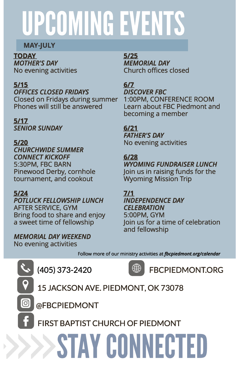 Bulletin - April 28 - Worship Times, Staff, Wednesday Meal